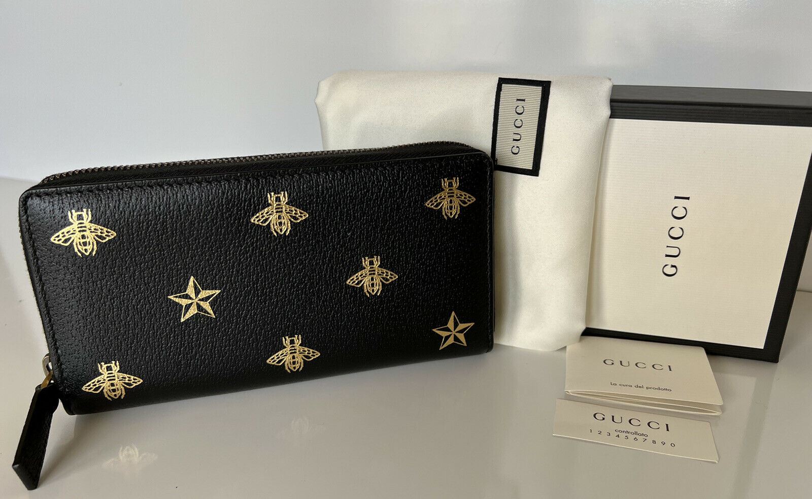 Gucci Black Leather Large Long Wallet Zip Around Gold Box Bee Star Italy  NEW
