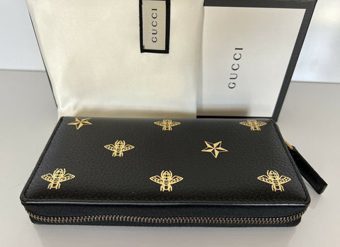 New Gucci Bee Star Gold Print Zip Around Black Leather Wallet Made in Italy