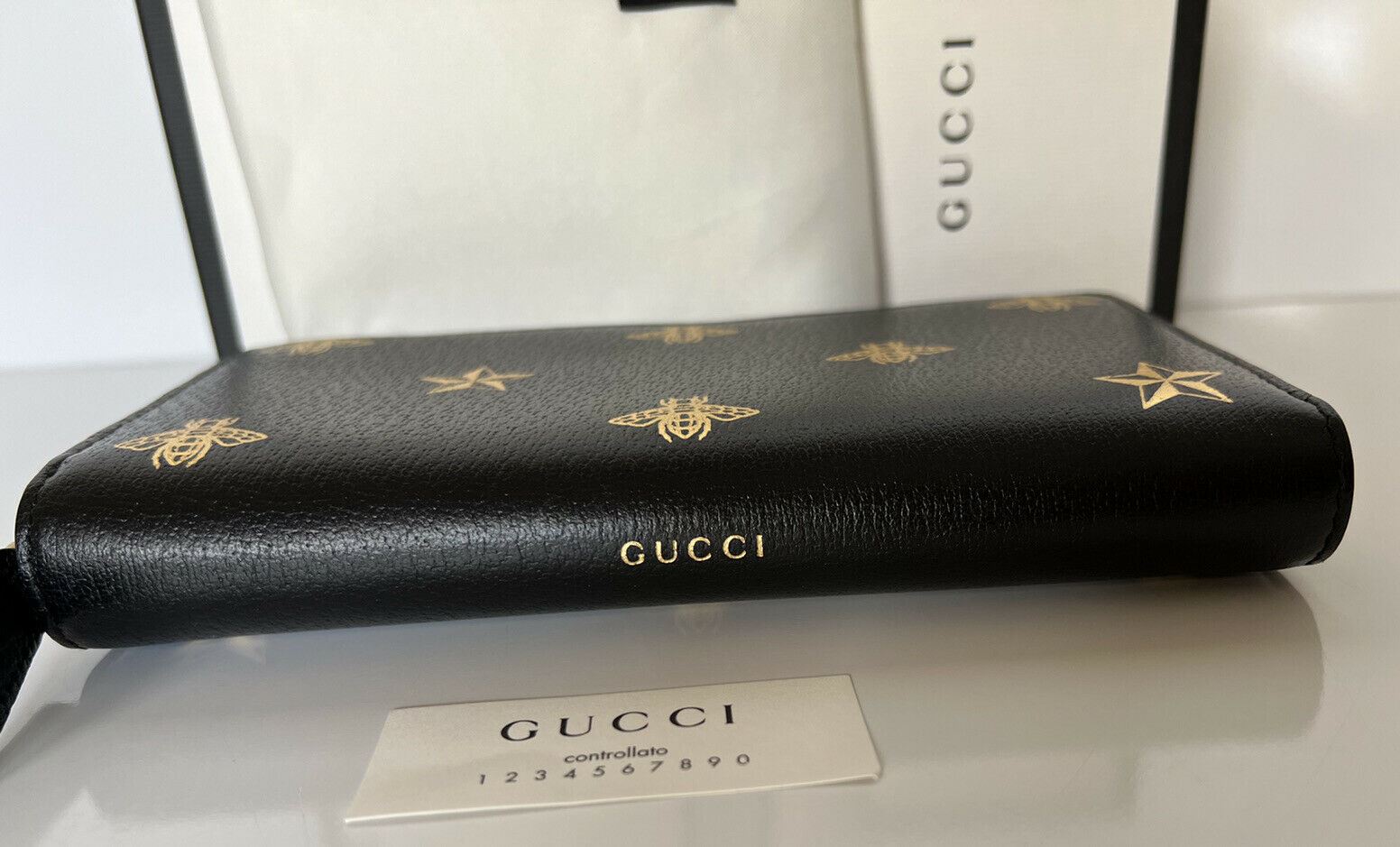 New Gucci Bee Star Gold Print Zip Around Black Leather Wallet Made in Italy