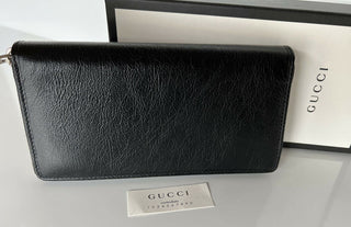New Gucci GG Men's Zip Around Wallet with Interlocking G in Black Leather 575988