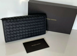NWT $820 Bottega Veneta Slim Intrecciato Leather Card Wallet Black Italy 156819