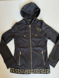 Neu mit Etikett: 625 $ Versace Damen-Sweatshirt-Kapuzenjacke mit Reißverschluss vorne in Schwarz 1 (XS) Italien