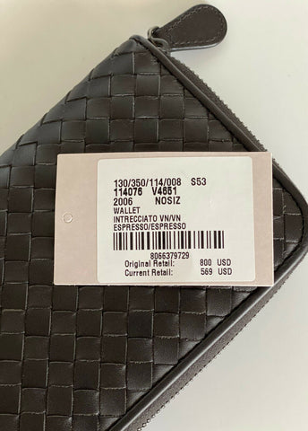NWT $800 Кожаный кошелек Bottega Veneta Intrecciato на молнии Espresso 114076 IT 