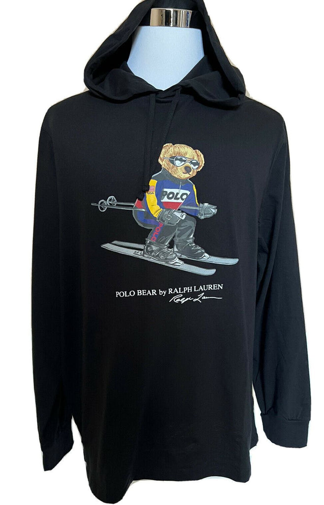 Neu mit Etikett: 69,50 $ Polo Ralph Lauren Langarm-Bären-T-Shirt mit Kapuze, Schwarz, Größe L 