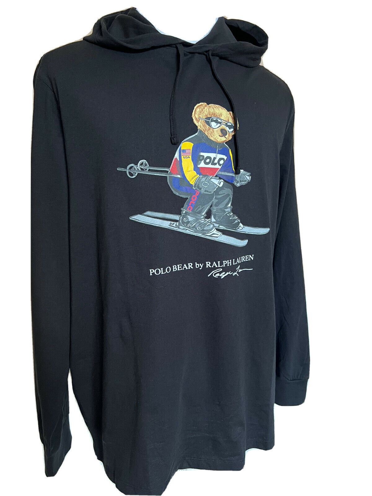 Neu mit Etikett: 69,50 $ Polo Ralph Lauren Langarm-Bären-T-Shirt mit Kapuze, Schwarz, Größe L 