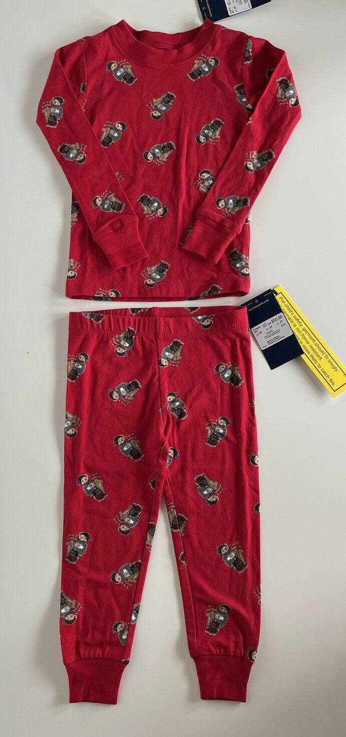 NWT $50 Polo Ralph Lauren Bear Boy's Red 2 Piece Pajama Set 24 Months