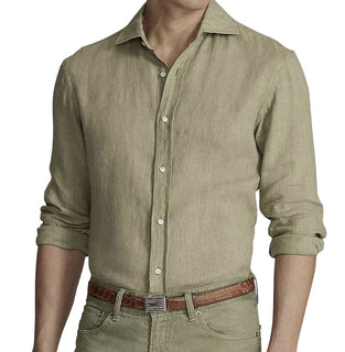 Neu mit Etikett: 395 $ Ralph Lauren Purple Label Herren-Sporthemd „Serengeti“ aus Leinen, Olivgrün, XL