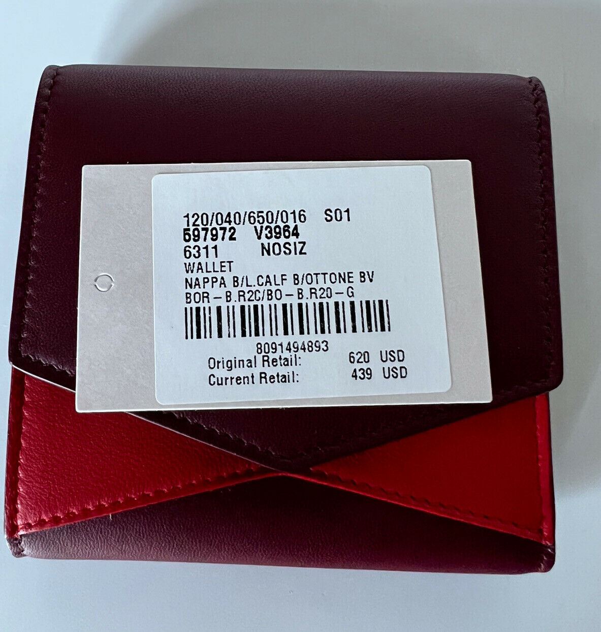 NWT $620 Кошелек Bottega Veneta из кожи наппа бордо, ярко-красный 597972 Италия 