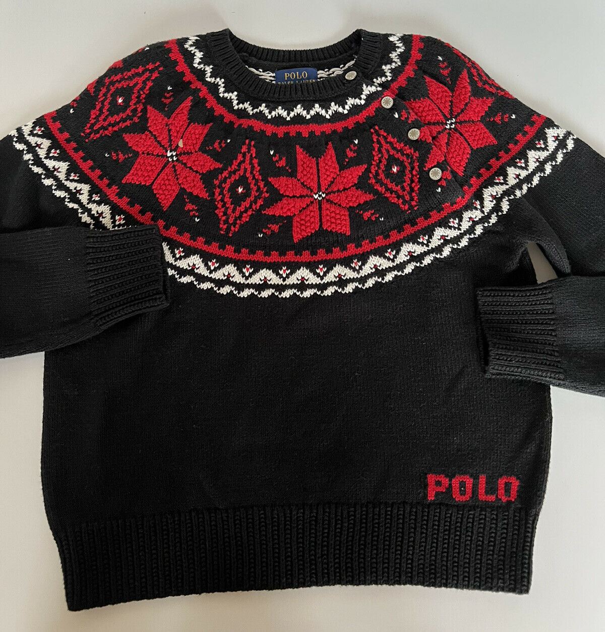 NWT $145 Polo Ralph Lauren Girls Black Let it Snow Cotton Sweater Size L (12-14)