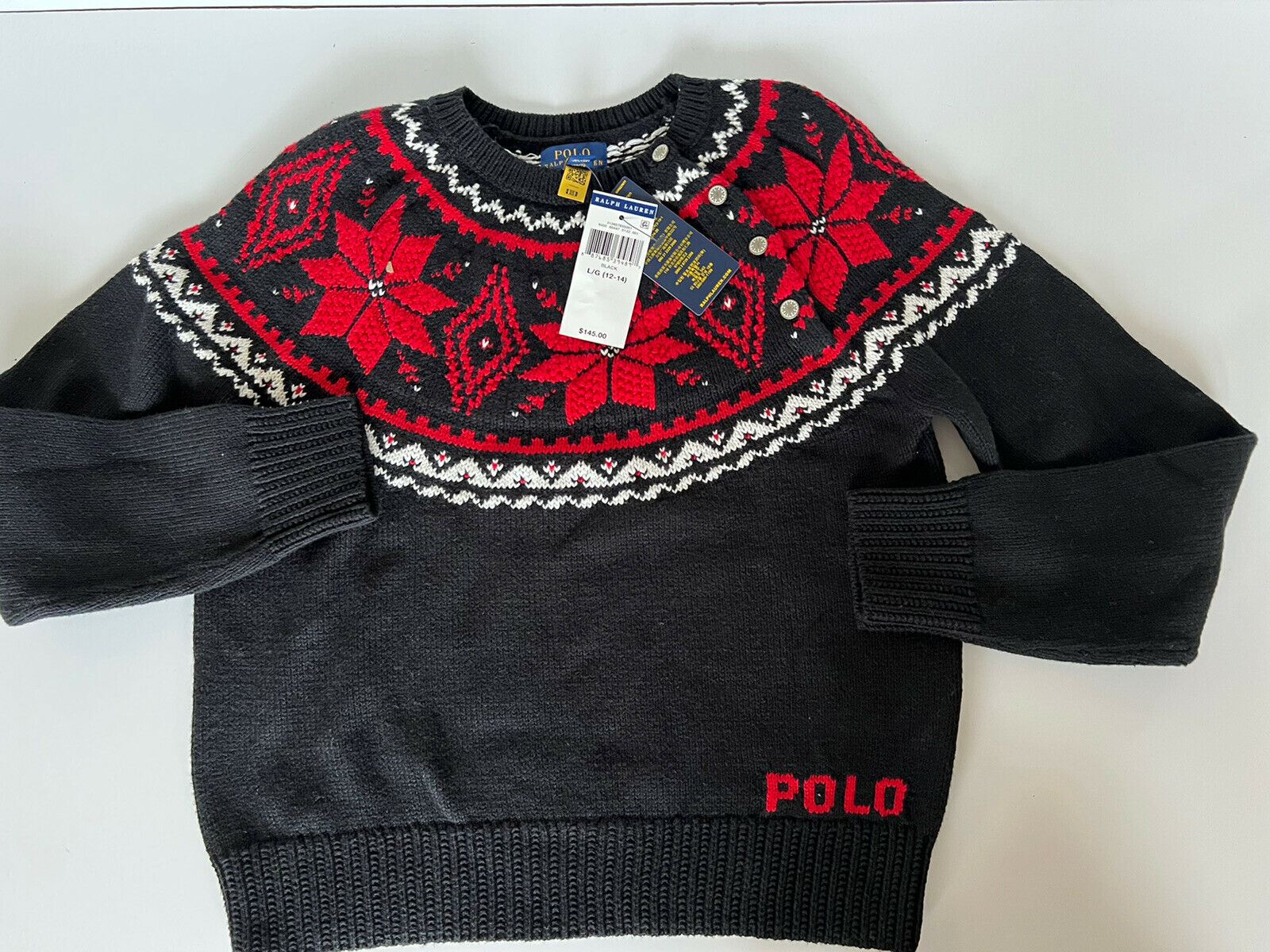 NWT $145 Polo Ralph Lauren Girls Black Let it Snow Cotton Sweater Size L (12-14)