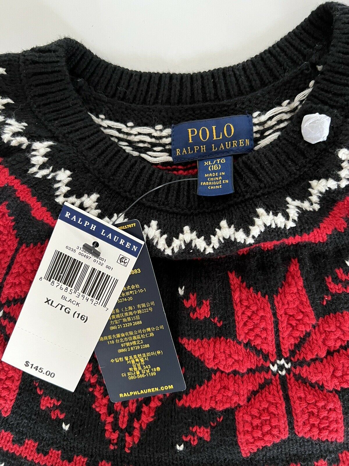 NWT $145 Polo Ralph Lauren Girls Black Let it Snow Cotton Sweater Size XL (16)