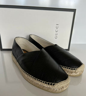 Neu mit Etikett: Gucci Herren-Espadrille „Malaga Classic“ aus schwarzem Leder, 12 US Gucci 11,5 624612 