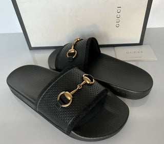NIB Gucci Damen Horsebit Leder Slip On Schwarze Sandalen 8 US (38 Eu) IT 498265 