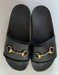 NIB Gucci Damen Horsebit Leder Slip On Schwarze Sandalen 8 US (38 Eu) IT 498265 