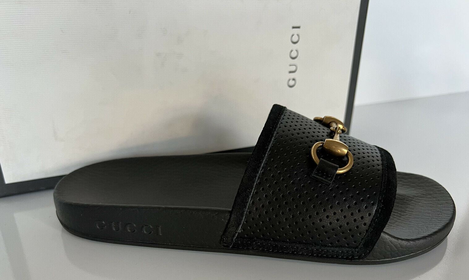 NIB Gucci Women's Horsebit Leather Slip On Black Sandals 8 US (38 Eu) IT 498265