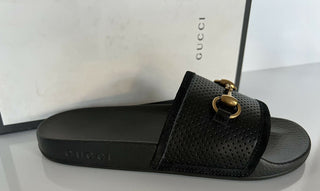 NIB Gucci Damen Horsebit Leder Slip On Schwarze Sandalen 8 US (38 Eu) IT 498265 