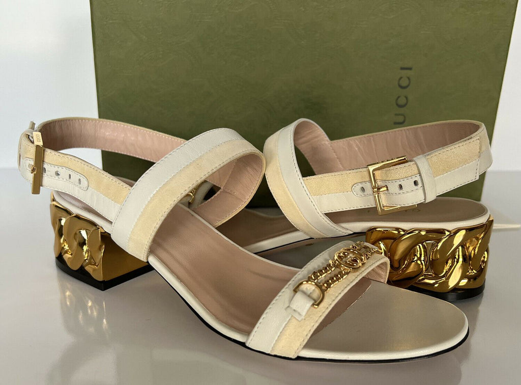 NIB $ 950 Gucci Damen-Ledersandalen mit kettenförmigem Absatz 8 US (38 Eu) IT 655409 