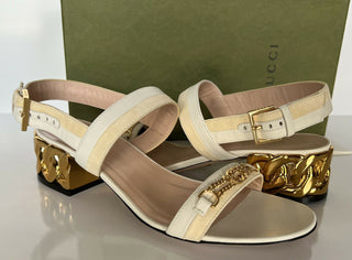 NIB $ 950 Gucci Damen-Ledersandalen mit kettenförmigem Absatz 8 US (38 Eu) IT 655409 