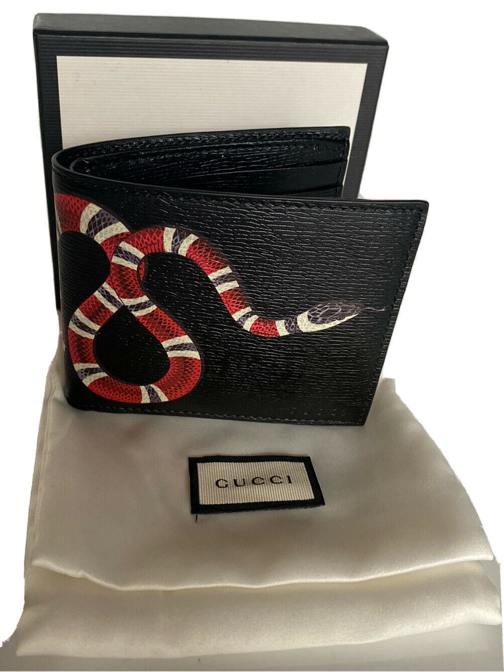 New Gucci GG Kingsnake Print Bifold Leather Black Wallet Made in Italy 451268
