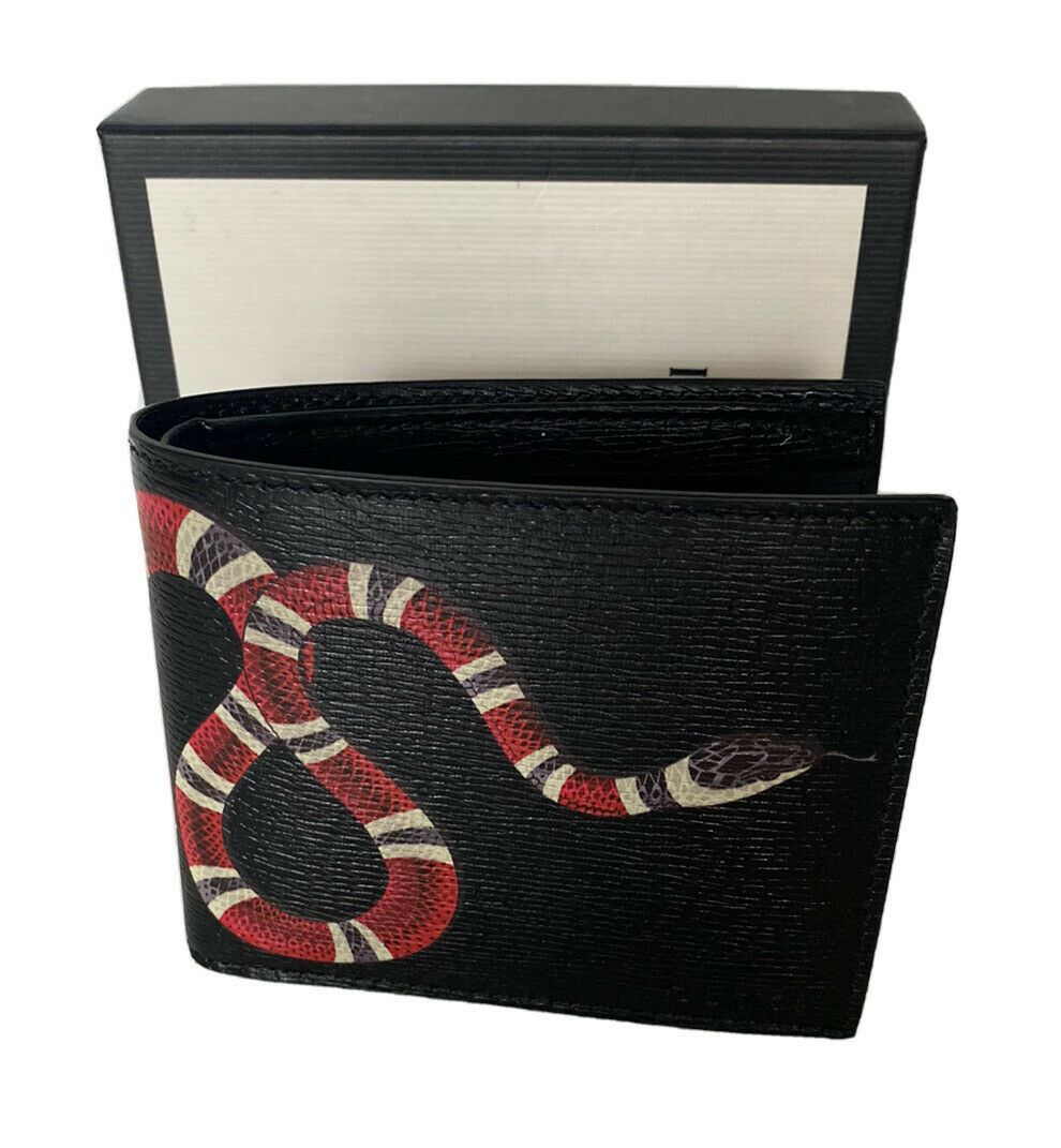 New Gucci GG Kingsnake Print Bifold Leather Black Wallet Made in Italy 451268