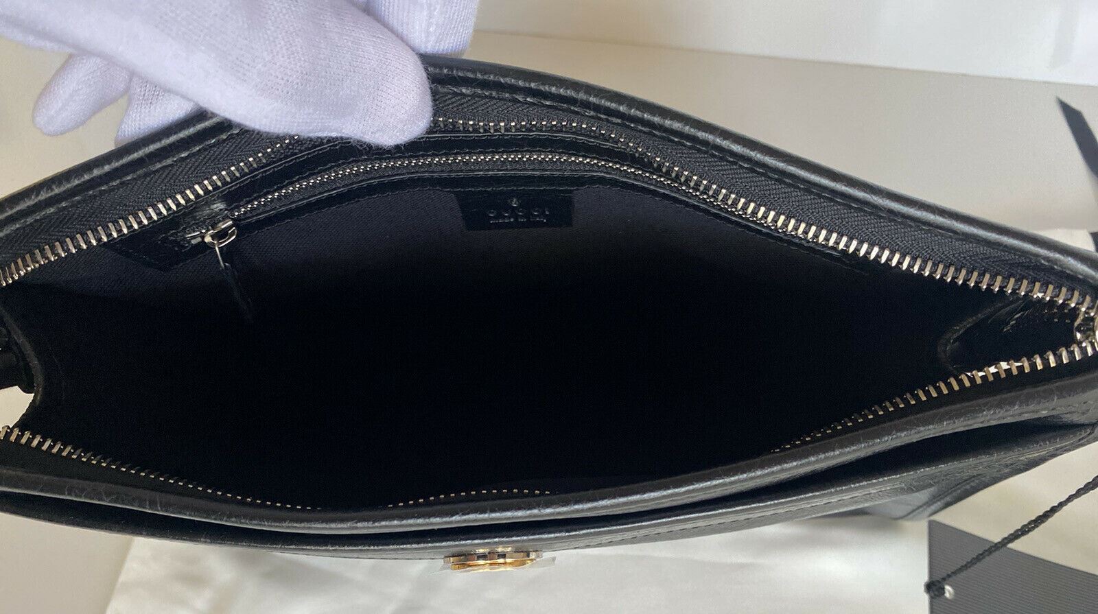 NWT Gucci Morpheus Cosmetic Case Gucci Code Embossed Pouch Black Leather 575991