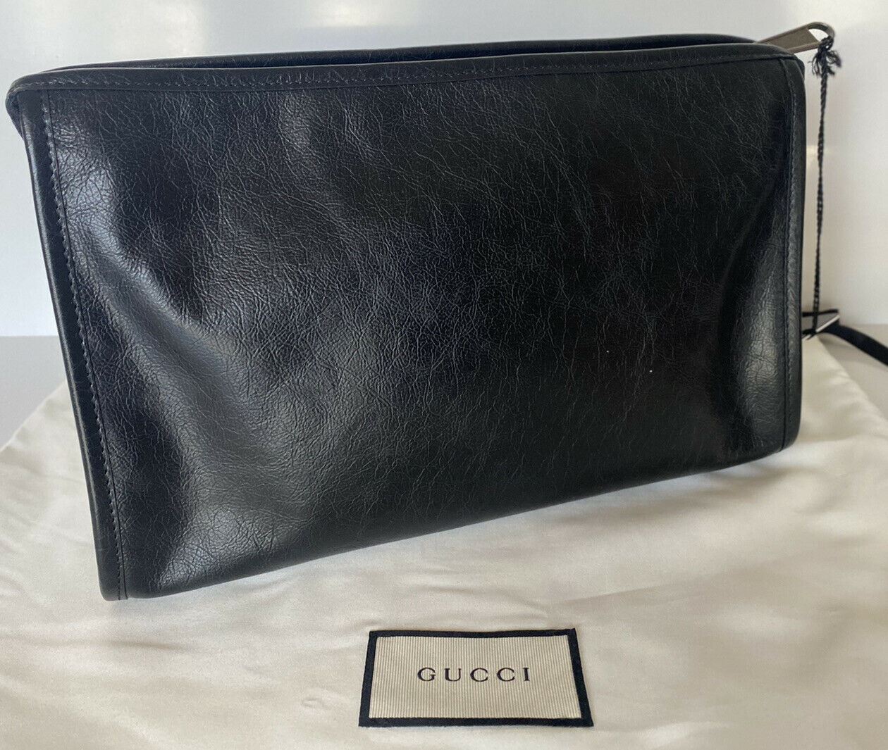 NWT Gucci Morpheus Cosmetic Case Gucci Code Embossed Pouch Black Leather 575991