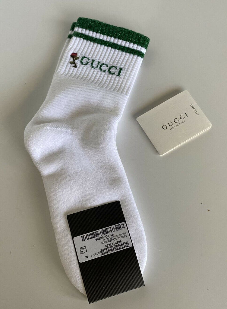 Neu mit Etikett: Gucci Shiny Pong Weiß/Grüne Socken M (20–22 cm), hergestellt in Italien, 579316 