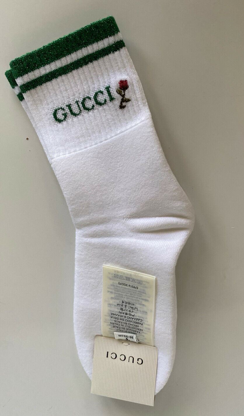NWT Gucci Shiny Pong White/Green Socks M (20-22 cm) Made in Italy 579316