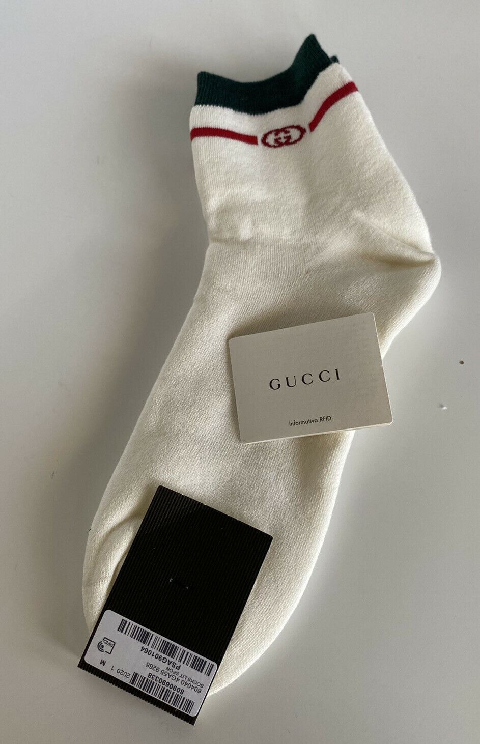 NWT Gucci Lit Spon White/Green/Red Socks M-L (24-26 cm) Made in Italy 604040
