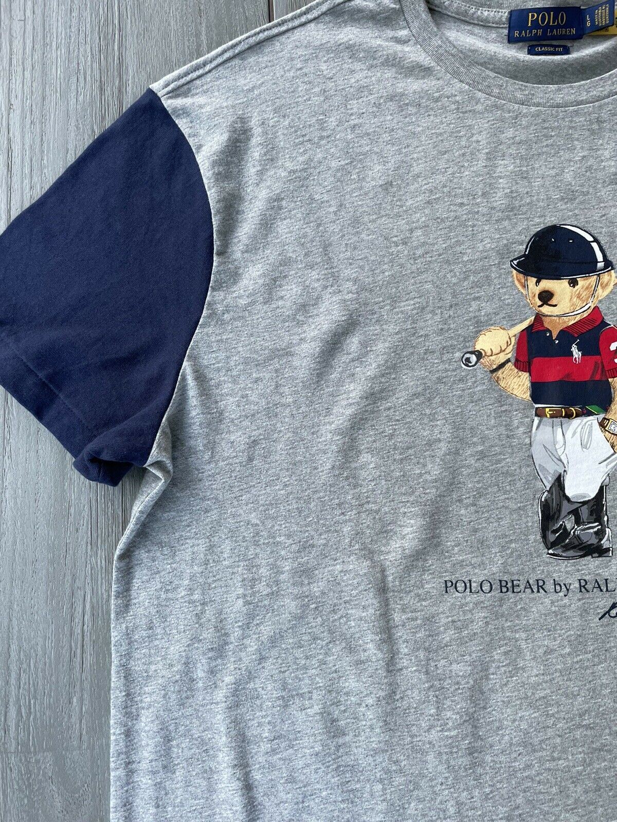 Мужская трехцветная футболка классической посадки NWT Polo Ralph Lauren Preppy Bear, серая, большая
