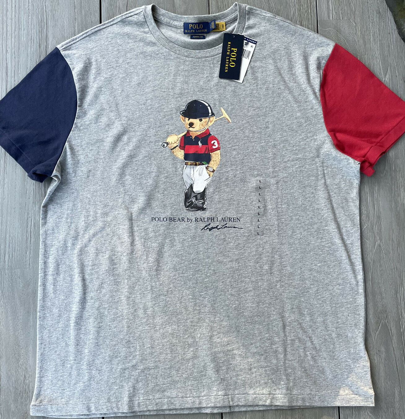 Neu mit Etikett: Polo Ralph Lauren Preppy Bear Classic Fit Dreifarbiges T-Shirt für Herren, Grau, XL