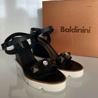 NIB $ 639 Baldinini Damen Wedges Sandalen Schwarz 8,5 US (39 Eu) Italien 753070