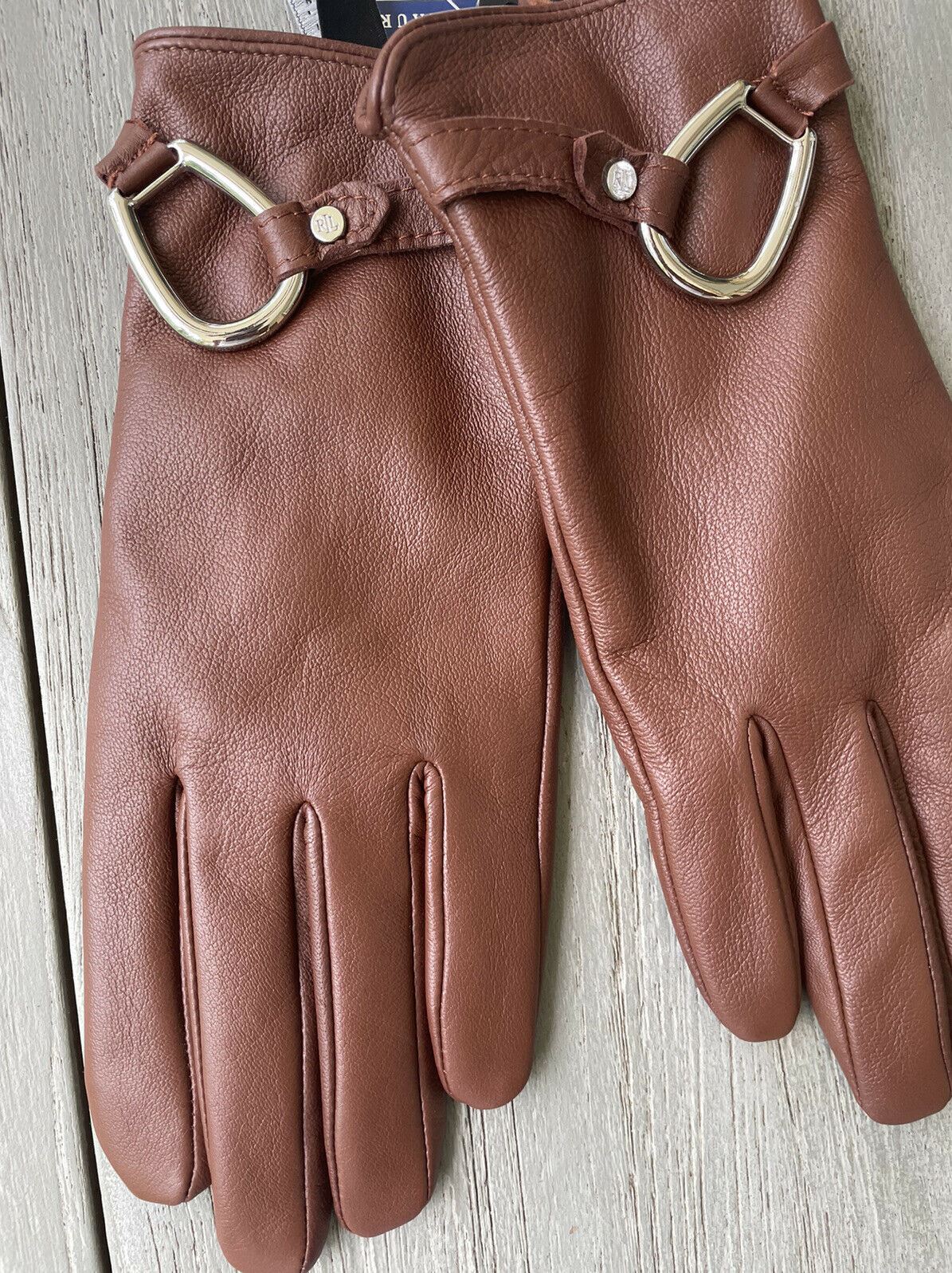 NWT $98 Lauren Ralph Lauren Women's 100% Sheep Leather Gloves Brown Size Large