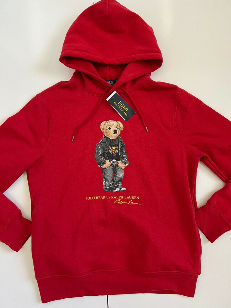 Neu mit Etikett: 198 $ Polo Ralph Lauren Herren-Kapuzenpullover mit Bärenmuster in Rot, Größe M