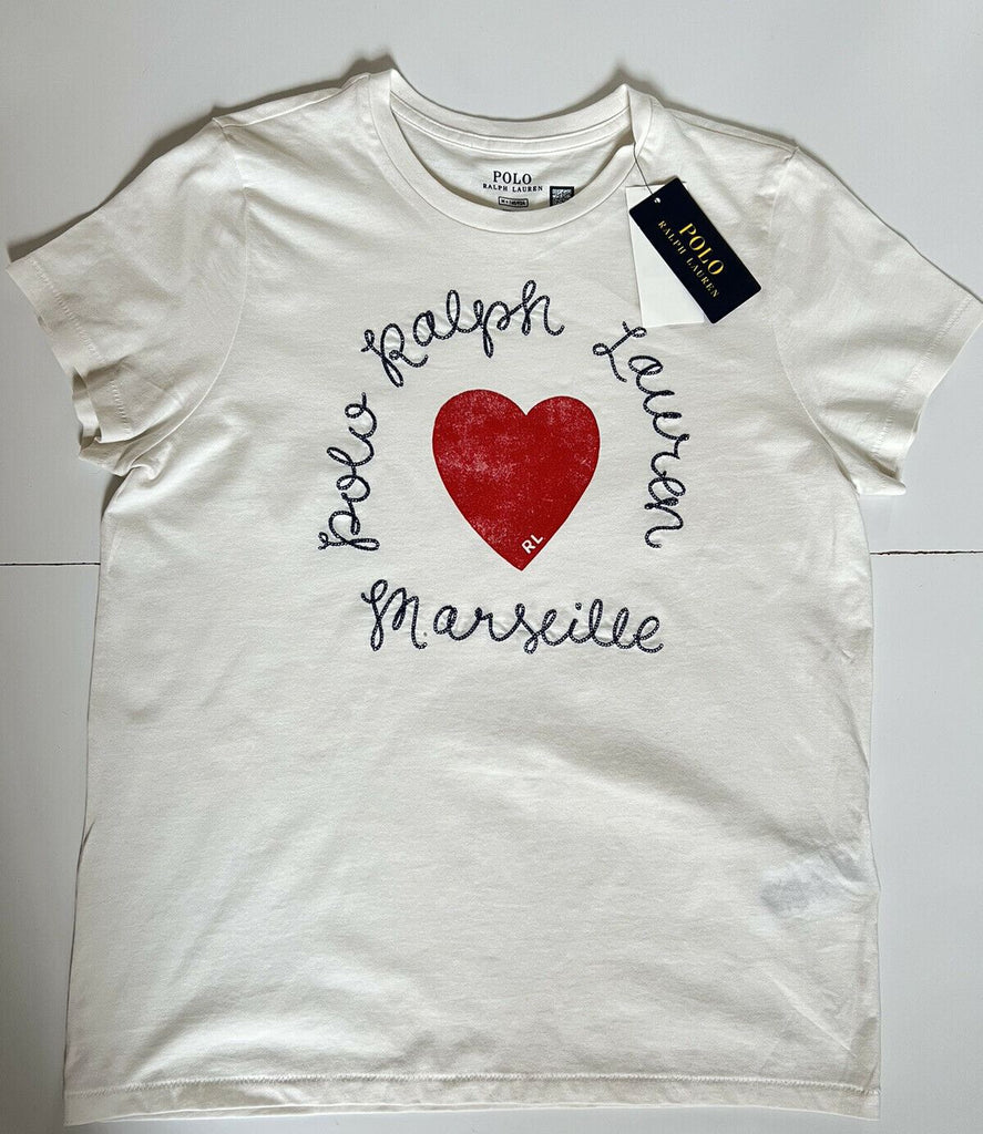 Neu mit Etikett: 78 $ Polo Ralph Lauren Heart Damen-T-Shirt, Weiß, Größe L