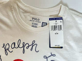 Neu mit Etikett: 78 $ Polo Ralph Lauren Heart Damen-T-Shirt Weiß Medium