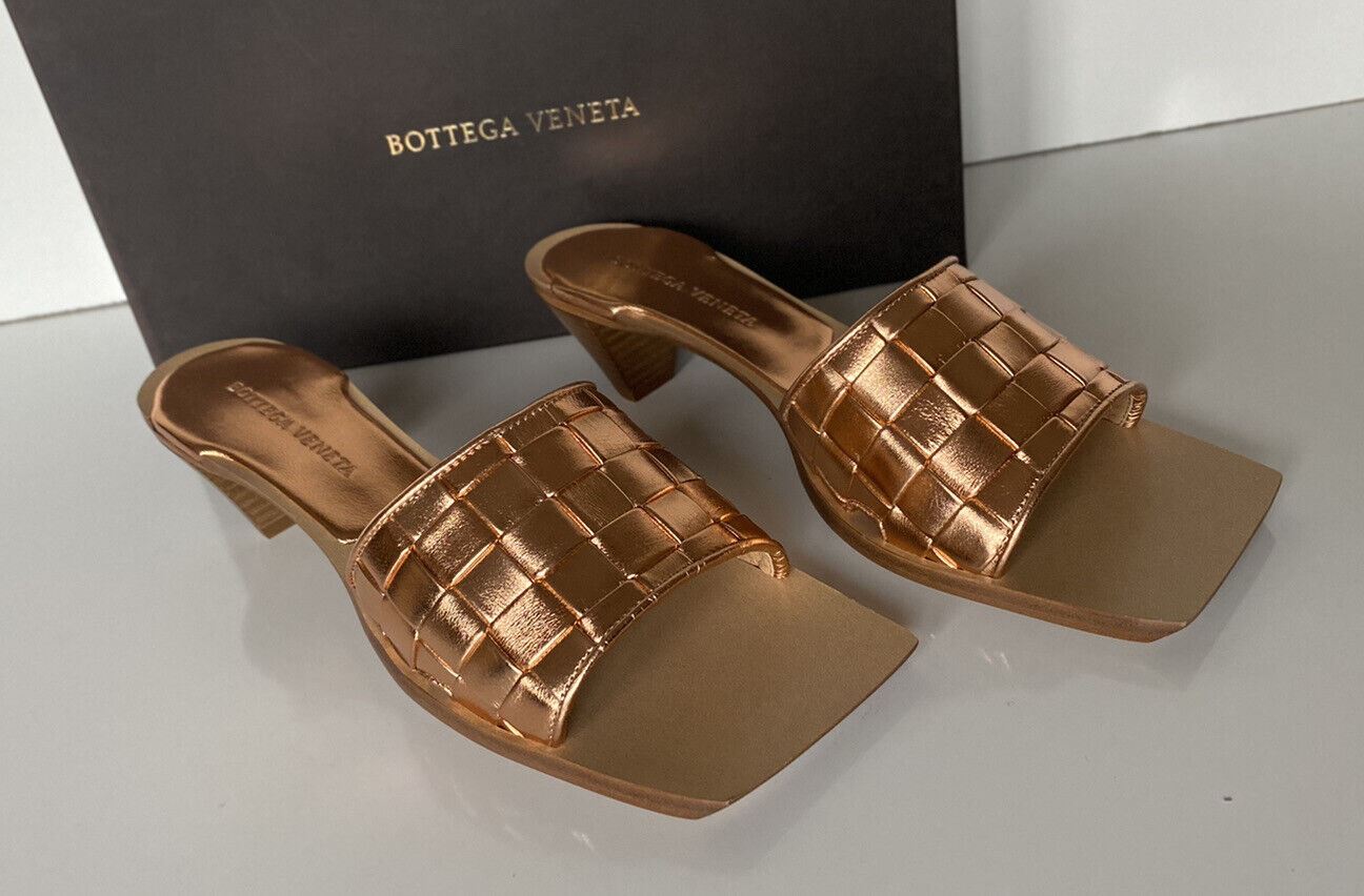 NIB $ 720 Bottega Damen-Sandalen aus Leder mit goldenem Pfirsich-Absatz 8 US 578373 IT 