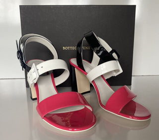 NIB $760 Bottega Veneta Strappy Block-heeled Patent Tricolor Sandals 8 US 565653