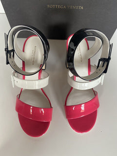 NIB $760 Bottega Veneta Strappy Block-heeled Patent Tricolor Sandals 8 US 565653