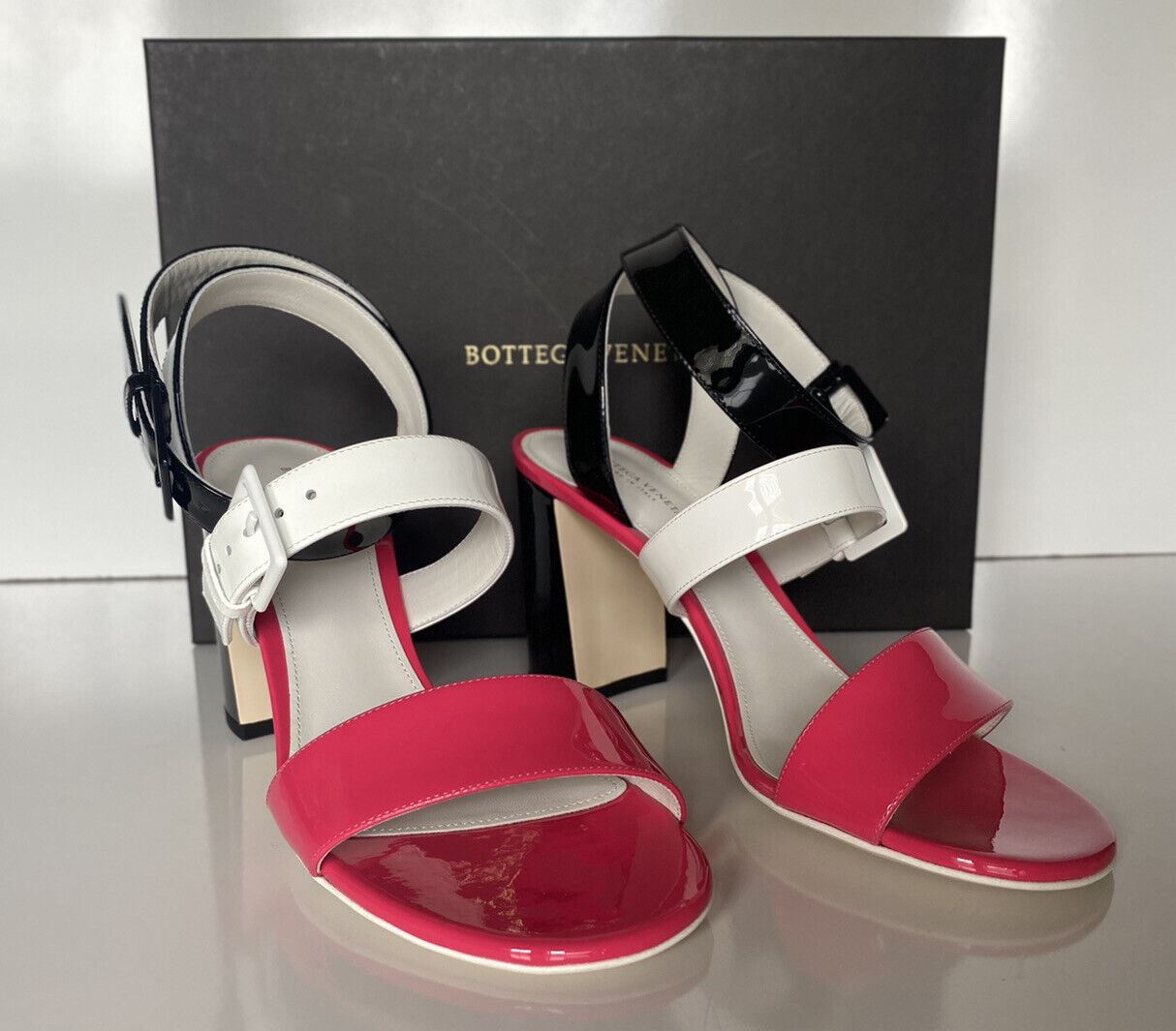 NIB $760 Bottega Veneta Strappy Block-heeled Patent Tricolor Sandals 7 US 565653