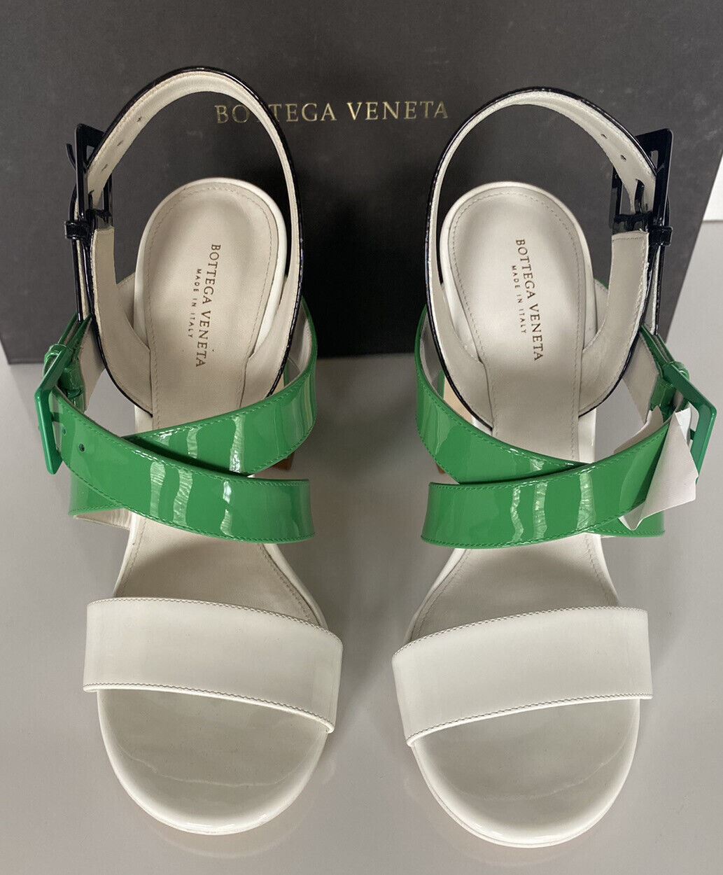 NIB $ 760 Bottega Veneta Riemchen-Sandalen mit Blockabsatz und dreifarbigem Lack 7,5 565654 
