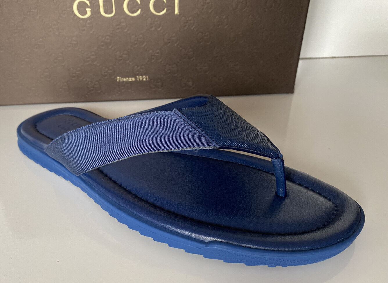 NIB Gucci Mens Leather Slip On Blue Thong Sandals 9 US (Gucci 8.5) IT 268670