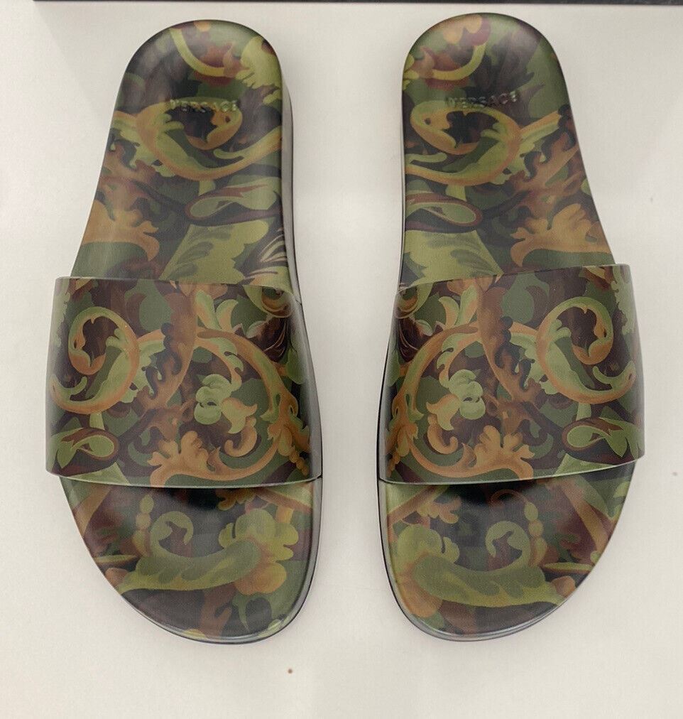 NIB $395 Versace Baroccoflage Slides Sandals Khaki 9 US (42 Euro) IT DSU6516