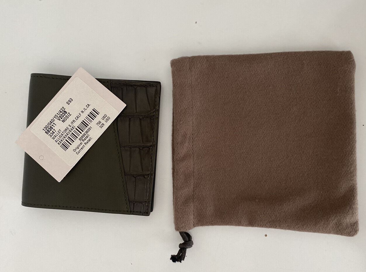 Neu mit Etikett: 750 $ Bottega Veneta Bi-fold Kaki Wallet Französisches Leder und Alligator 583611 