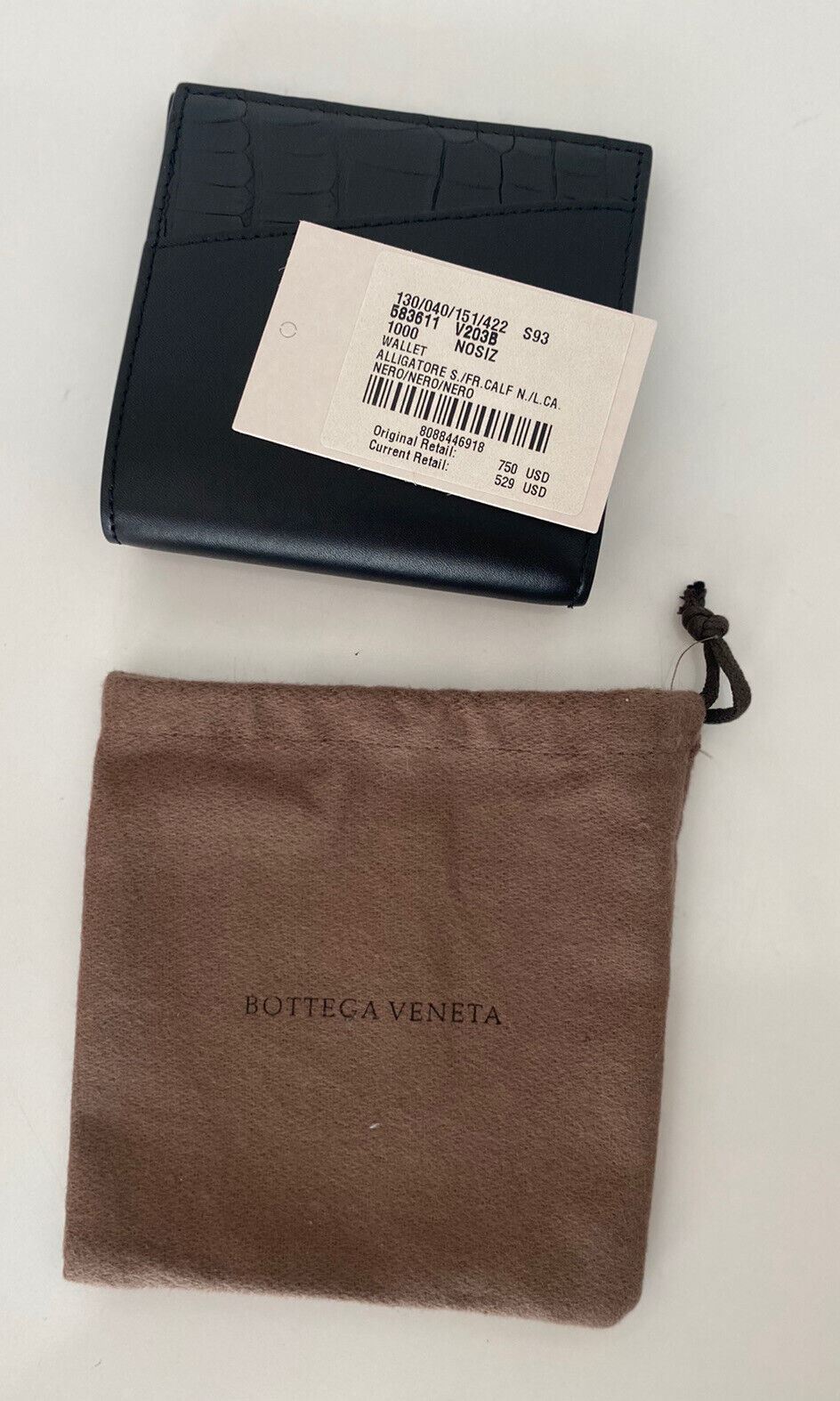 Neu mit Etikett: 750 $ Bottega Veneta Bifold-Geldbörse aus französischem Leder und Alligatorleder 583611 in Schwarz 