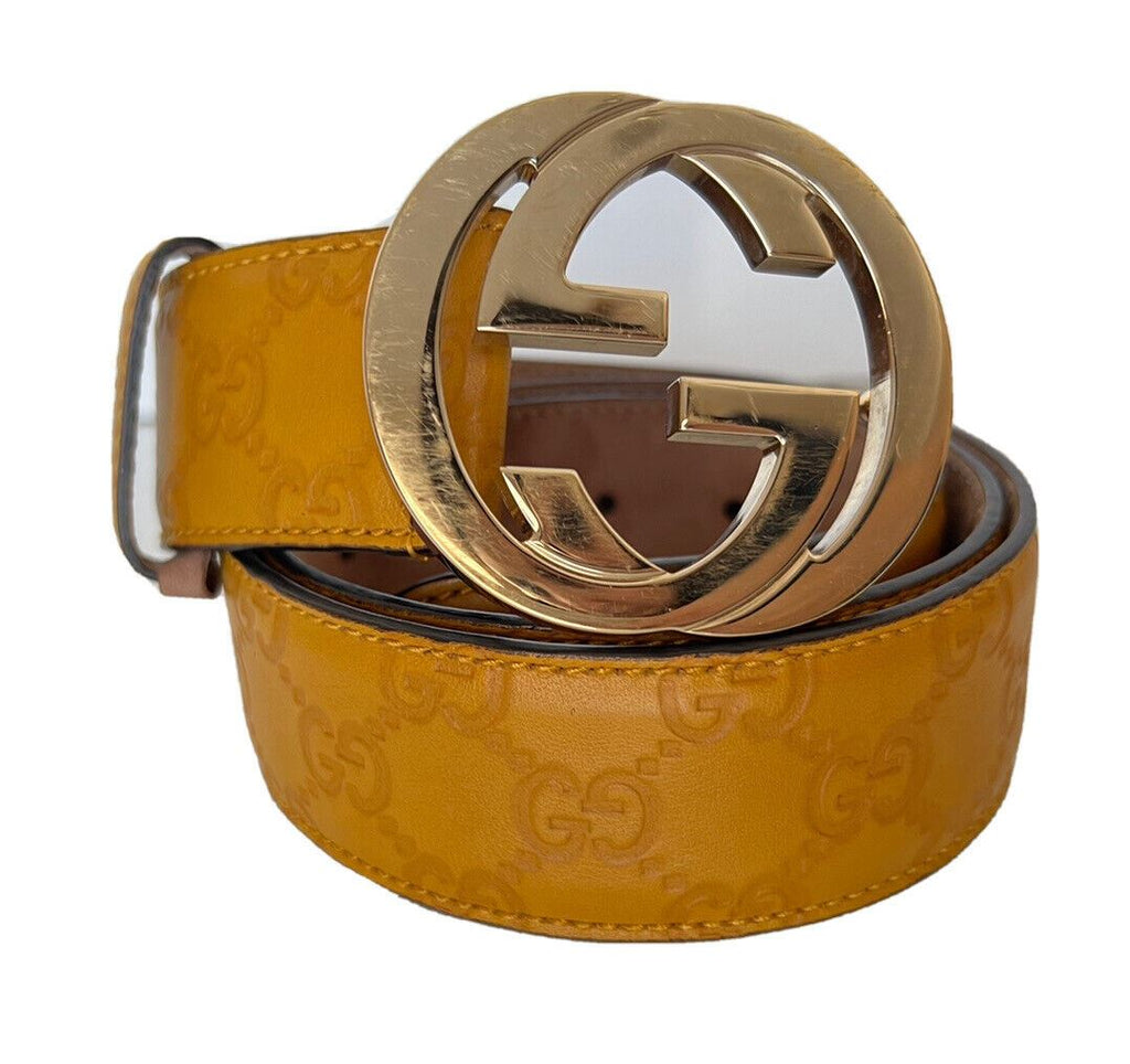 Gucci Herren GG Monogram Signature Senfgelber Ledergürtel 95/38 214351 Italien 