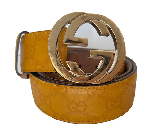 Gucci Men's GG Monogram Signature Mustard Yellow Leather Belt 95/38 214351 Italy