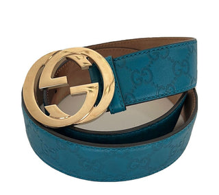 Gucci Herren-Gürtel aus türkisfarbenem Leder mit GG-Monogramm-Signatur, 85/34, 214351, Italien 