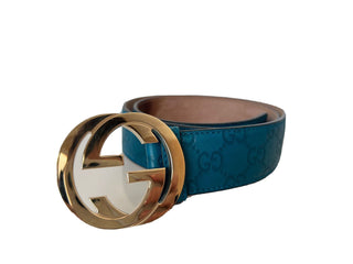 Gucci Herren-Gürtel aus türkisfarbenem Leder mit GG-Monogramm-Signatur, 85/34, 214351, Italien 
