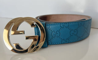 Gucci Herren-Gürtel aus türkisfarbenem Leder mit GG-Monogramm-Signatur, 85/34, 214351, Italien 